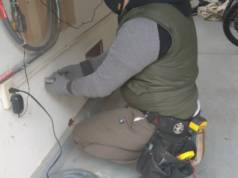 Electrician performing outlet wiring in a South Haven garage
